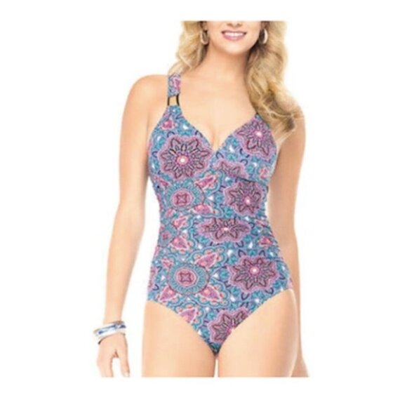 ASSETS BY SPANX One Piece Swimsuit Bloom Floral Print XL Ruched Slimming Shirred - Picture 1 of 12